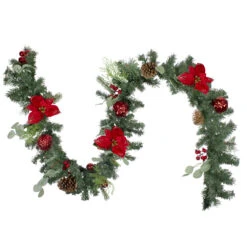 6' Red Ornaments And Poinsettias Artificial Christmas Garland- Unlit