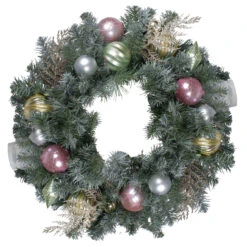 24" Unlit Pre-Decorated Pink And Gold Ornaments Frosted Artificial Christmas Wreath