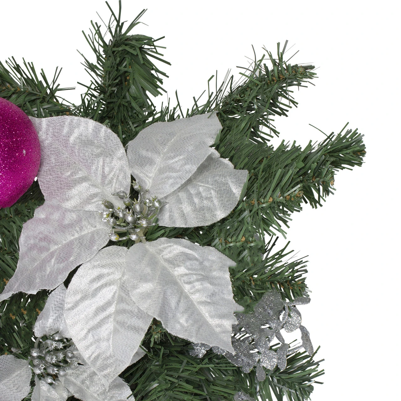 24" Pre-Decorated Pink Ball Ornament And Poinsettia Artificial Christmas Teardrop Swag, Unlit 4 24" Pre-Decorated Pink Ball Ornament And Poinsettia Artificial Christmas Teardrop Swag, Unlit - Image 2