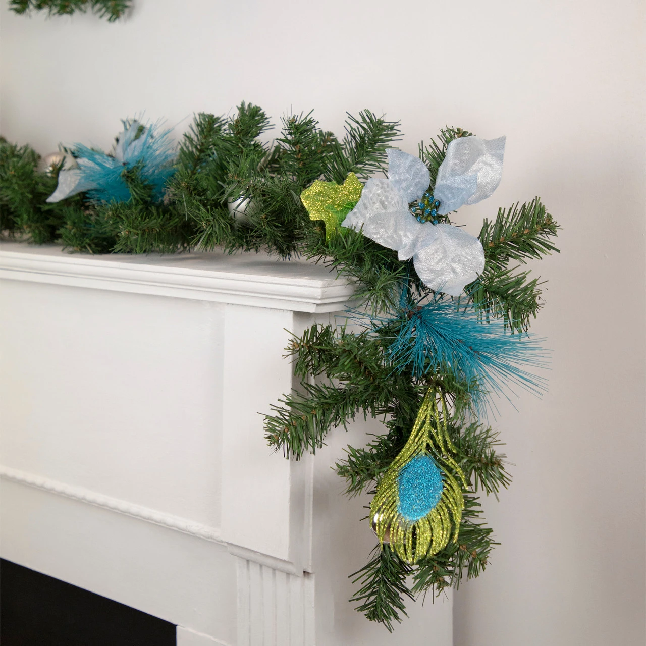 6' X 9" Peacock Feather And Poinsettia Artificial Christmas Garland, Unlit 4 6' X 9" Peacock Feather And Poinsettia Artificial Christmas Garland, Unlit - Image 2
