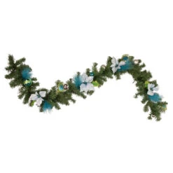 6' X 9" Peacock Feather And Poinsettia Artificial Christmas Garland, Unlit