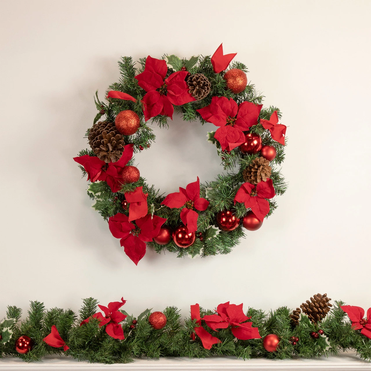 6' X 9" Red Pre-Decorated Poinsettia And Pine Cone Artificial Christmas Garland - Unlit 4 6' X 9" Red Pre-Decorated Poinsettia And Pine Cone Artificial Christmas Garland - Unlit - Image 2