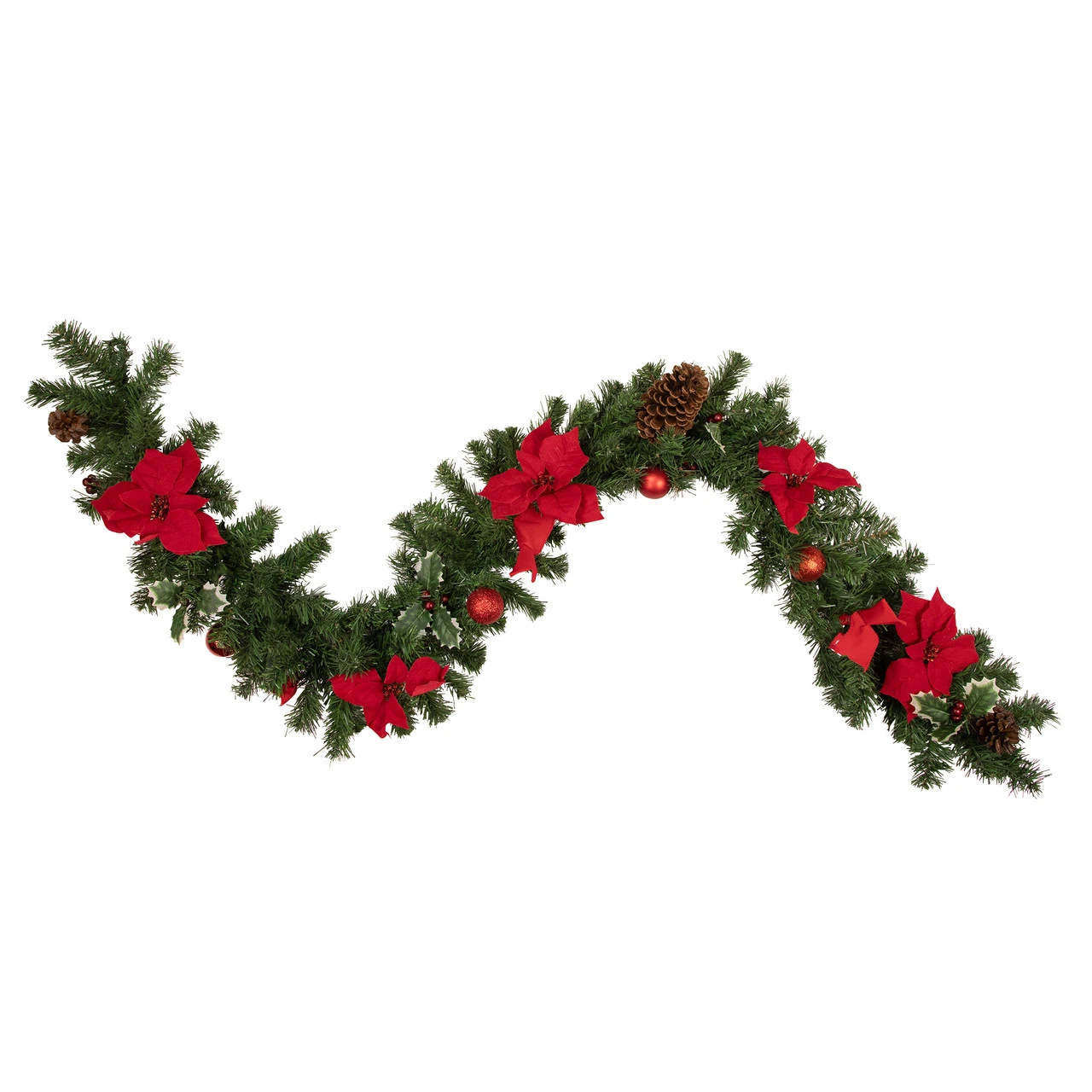 6' X 9" Red Pre-Decorated Poinsettia And Pine Cone Artificial Christmas Garland - Unlit 3 6' X 9" Red Pre-Decorated Poinsettia And Pine Cone Artificial Christmas Garland - Unlit