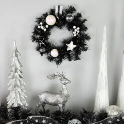 16" Pre-Lit Decorated Black Pine Artificial Christmas Wreath, Cool White LED Lights -Optimal Christmas Shop northlight s92630 styled 2 24915.1684340674