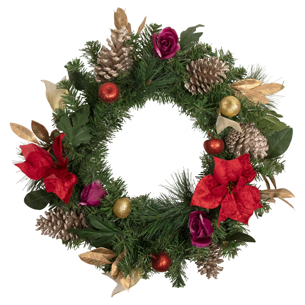 Decorated Red Poinsettia And Rose Artificial Christmas Wreath, 24-inch, Unlit 3 Decorated Red Poinsettia And Rose Artificial Christmas Wreath, 24-inch, Unlit