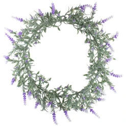 LED Lighted Artificial White/Purple Lavender Spring Wreath- 16-inch, White Lights