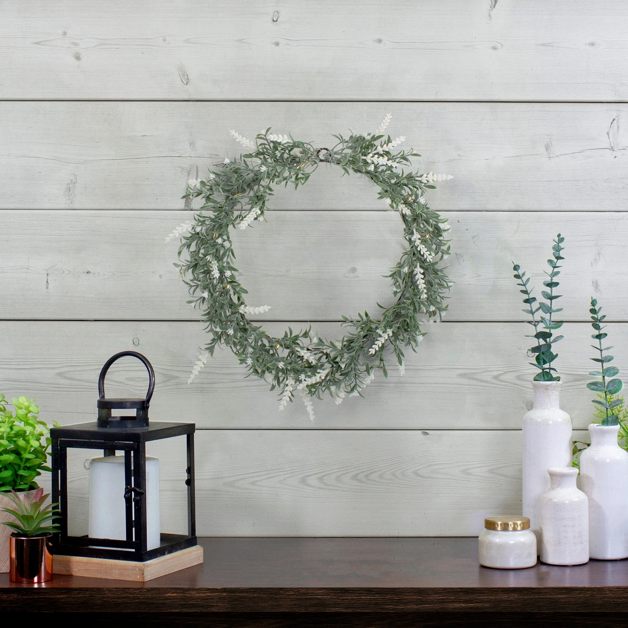 Artificial LED Lighted White Lavender Spring Wreath- 16-inch, White Lights 4 Artificial LED Lighted White Lavender Spring Wreath- 16-inch, White Lights - Image 2