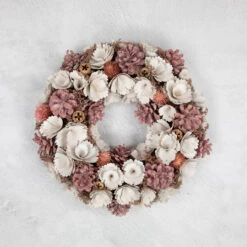 13" White And Pink Wooden Floral Christmas Wreath With Pinecones -Optimal Christmas Shop northlight sh27004 ongray 64195.1680051732