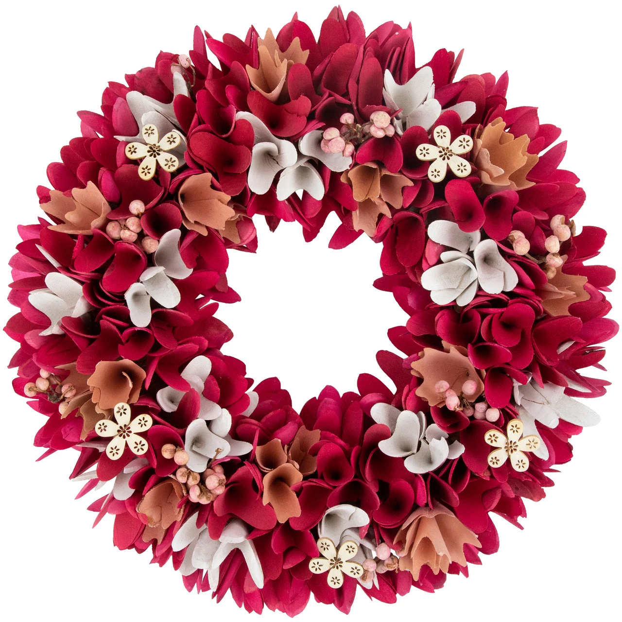 13" Fuchsia Pink And White Wooden Floral Spring Wreath With Berries 3 13" Fuchsia Pink And White Wooden Floral Spring Wreath With Berries