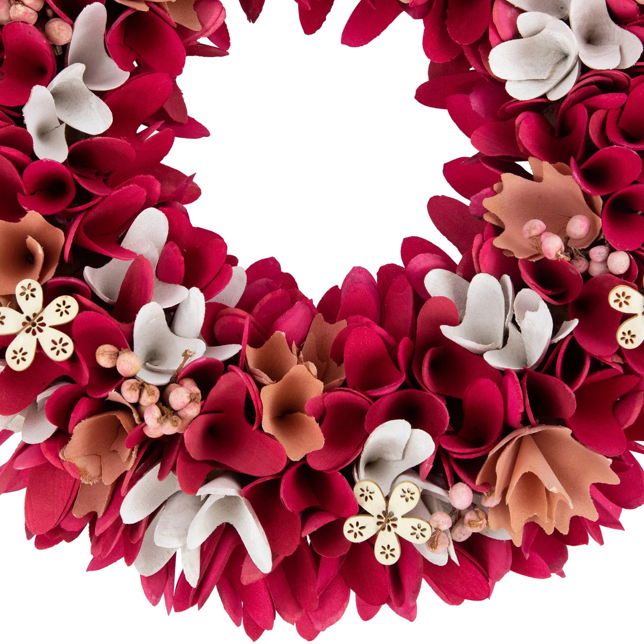 13" Fuchsia Pink And White Wooden Floral Spring Wreath With Berries 6 13" Fuchsia Pink And White Wooden Floral Spring Wreath With Berries - Image 4