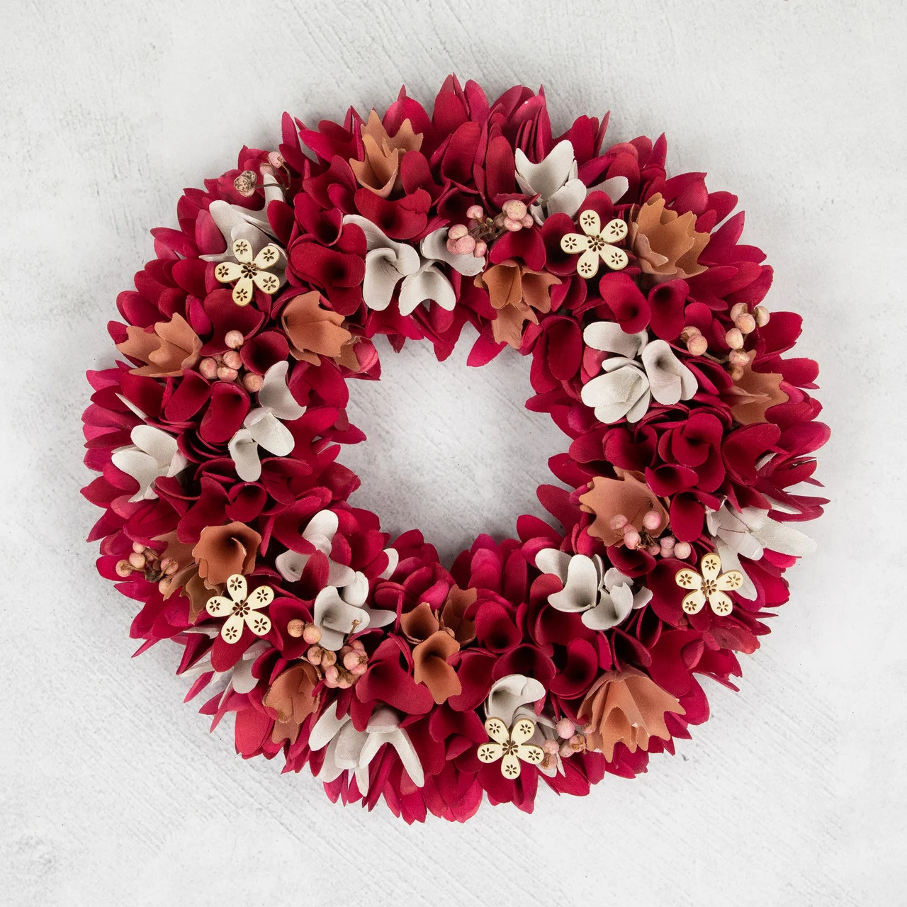 13" Fuchsia Pink And White Wooden Floral Spring Wreath With Berries 5 13" Fuchsia Pink And White Wooden Floral Spring Wreath With Berries - Image 3