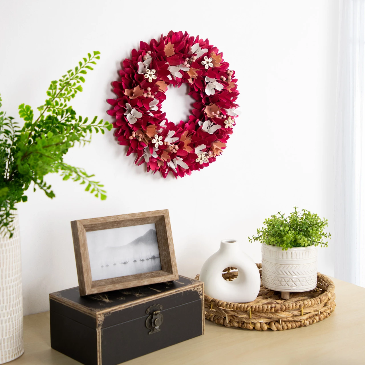 13" Fuchsia Pink And White Wooden Floral Spring Wreath With Berries 4 13" Fuchsia Pink And White Wooden Floral Spring Wreath With Berries - Image 2