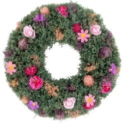13" Pink Rose And Purple Thistle Mixed Floral Spring Wreath
