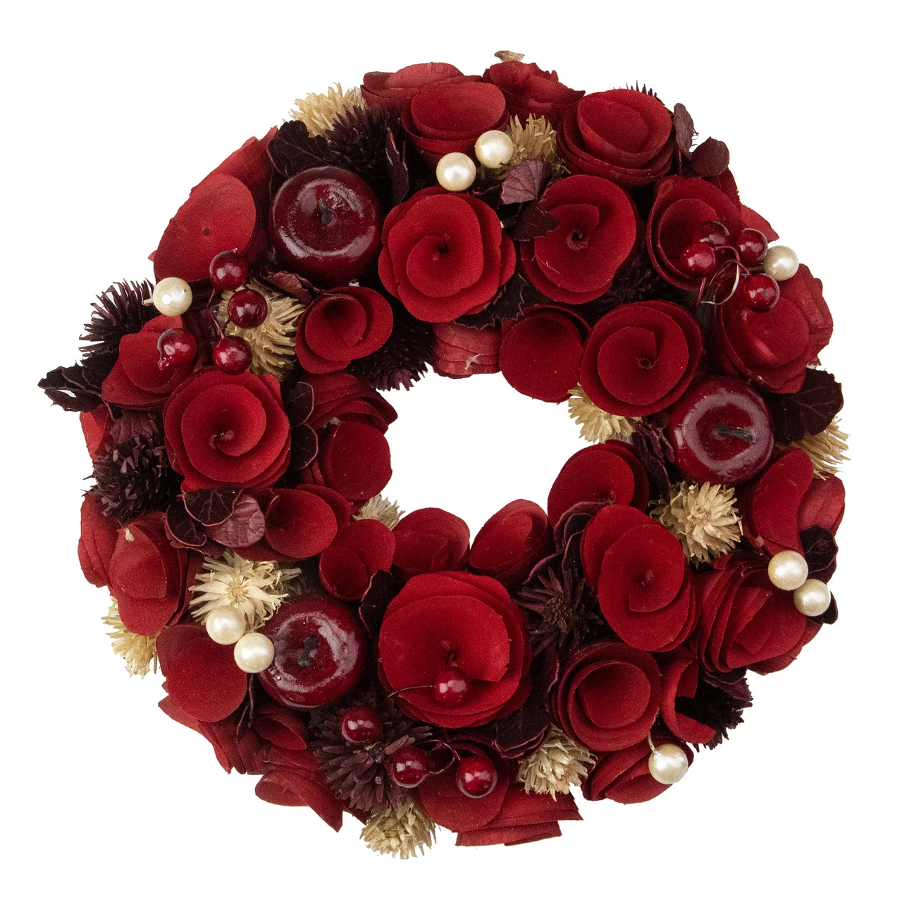 12" Red Wooden Rose Apple And Faux Pearl Artificial Valentines Wreath - Unlit 3 12" Red Wooden Rose Apple And Faux Pearl Artificial Valentines Wreath - Unlit