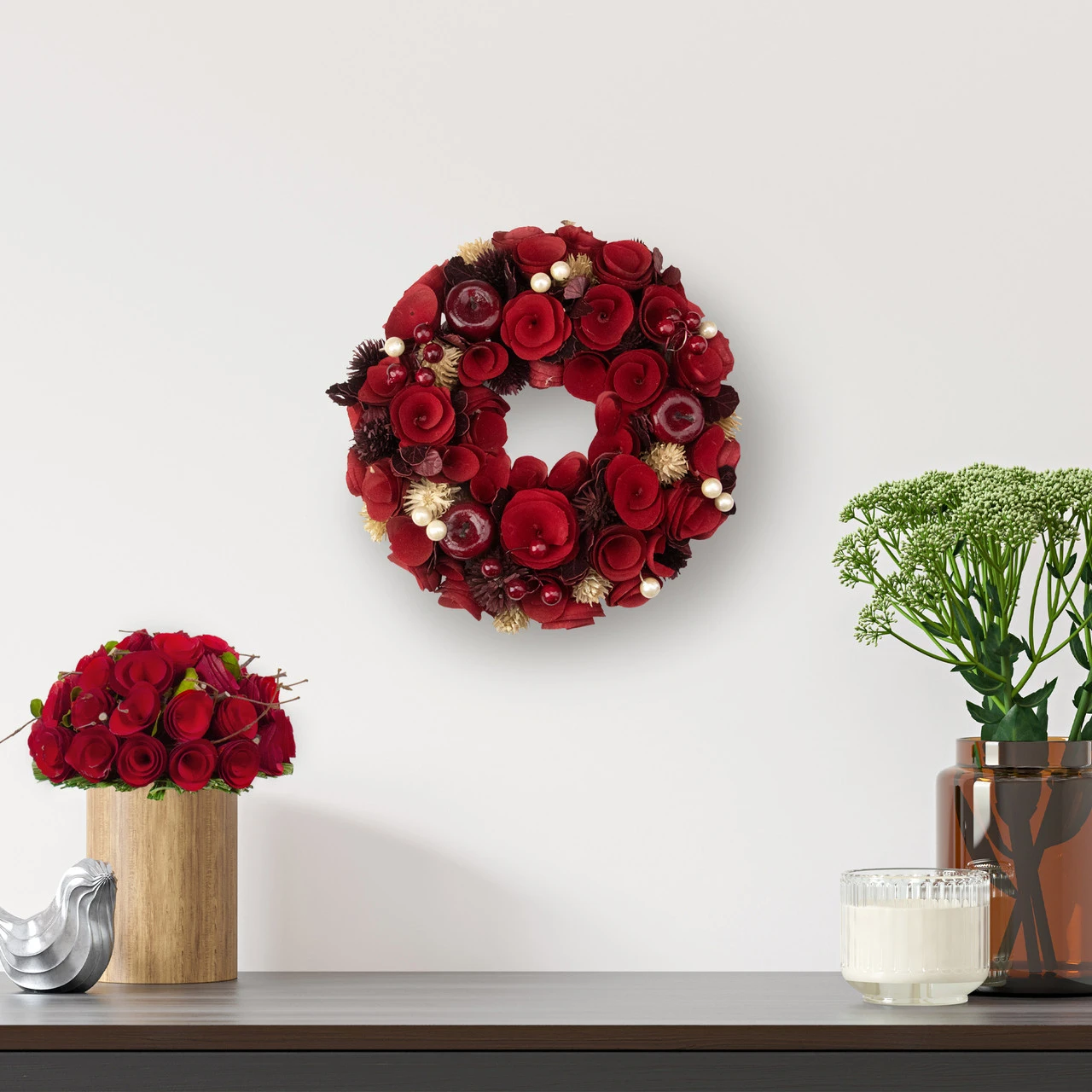 12" Red Wooden Rose Apple And Faux Pearl Artificial Valentines Wreath - Unlit 5 12" Red Wooden Rose Apple And Faux Pearl Artificial Valentines Wreath - Unlit - Image 3