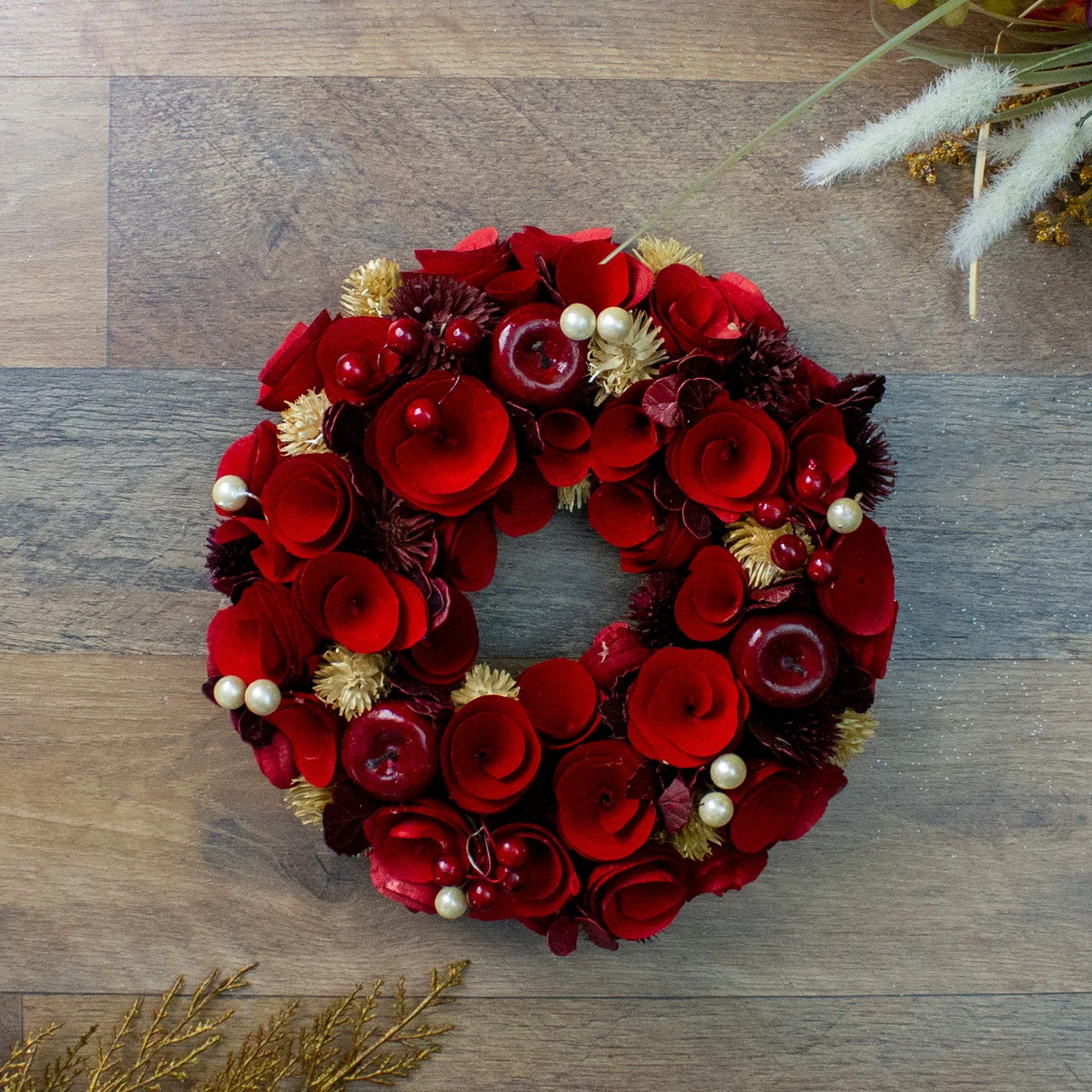 12" Red Wooden Rose Apple And Faux Pearl Artificial Valentines Wreath - Unlit 6 12" Red Wooden Rose Apple And Faux Pearl Artificial Valentines Wreath - Unlit - Image 4