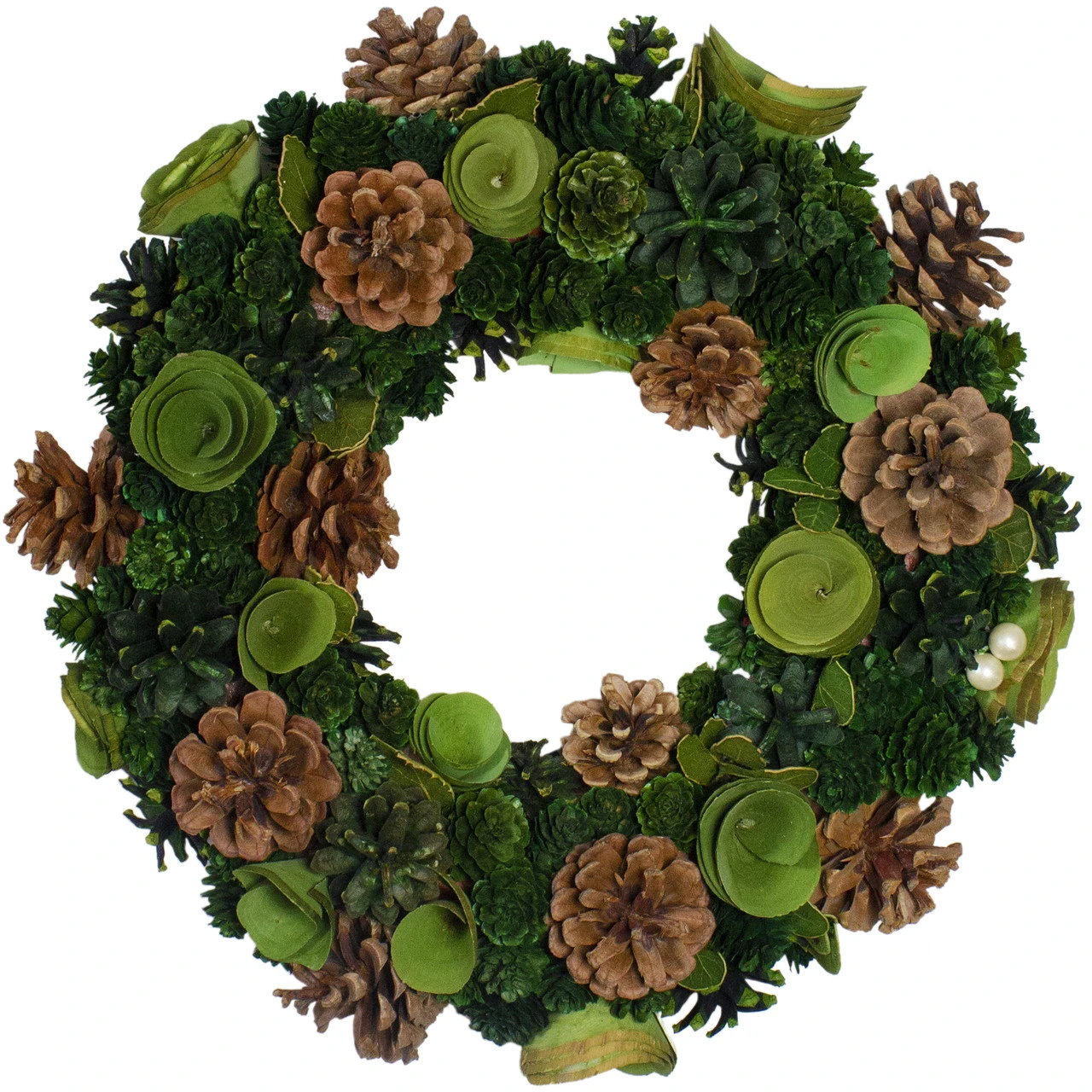 Green Wooden Rose And Pine Cone Artificial Christmas Wreath, 13.5-Inch, Unlit 3 Green Wooden Rose And Pine Cone Artificial Christmas Wreath, 13.5-Inch, Unlit
