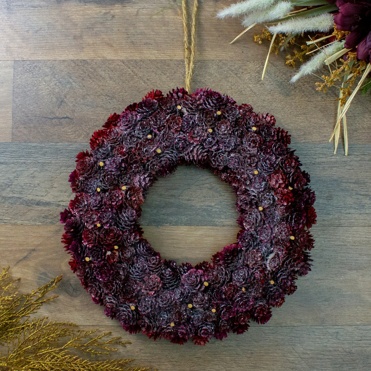 Burgundy Red Glittered Pine Cone Artificial Christmas Wreath, 9-Inch, Unlit 4 Burgundy Red Glittered Pine Cone Artificial Christmas Wreath, 9-Inch, Unlit - Image 2