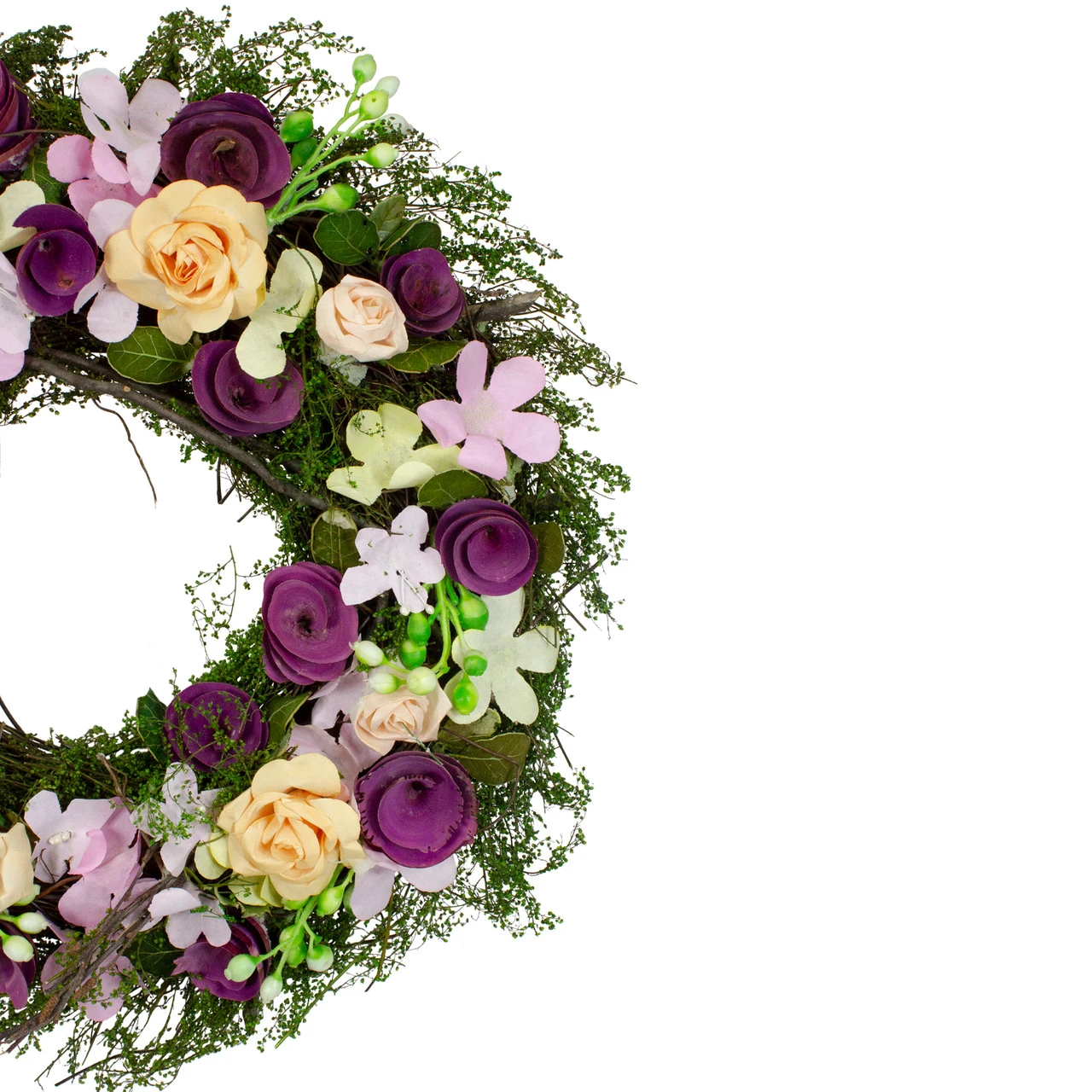Purple And Green Floral, Berries And Twig Artificial Spring Floral Wreath, 14-Inch 5 Purple And Green Floral, Berries And Twig Artificial Spring Floral Wreath, 14-Inch - Image 3