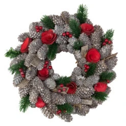 Pine Cones And Red Wooden Roses Artificial Christmas Wreath, 10-Inch, Unlit