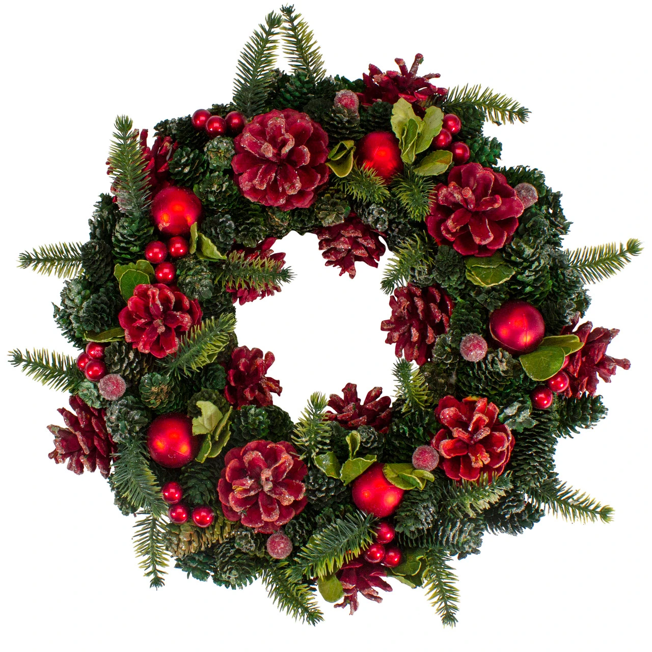 13" Red And Green Pine Cones And Ornaments Christmas Wreath 3 13" Red And Green Pine Cones And Ornaments Christmas Wreath