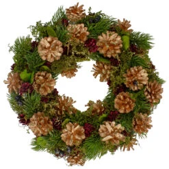 12" Green, Gold, And Red Glitter Pinecones Christmas Wreath
