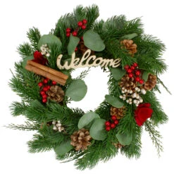 Green And Red "Welcome" Artificial Christmas Wreath - 12-Inch, Unlit
