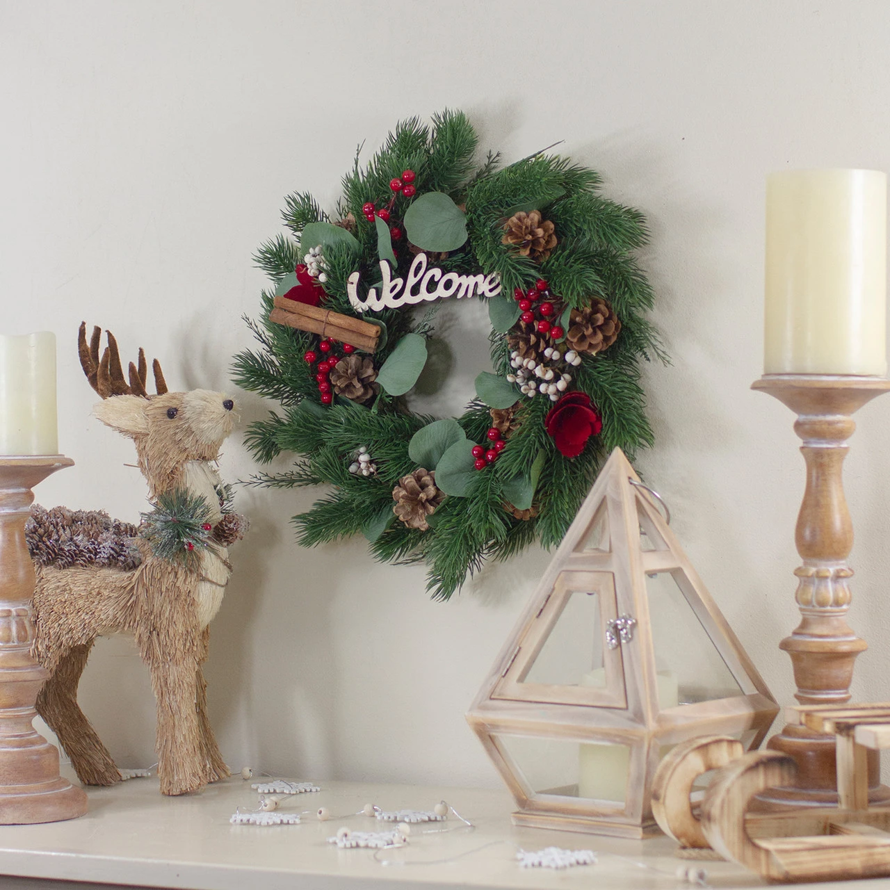 Green And Red "Welcome" Artificial Christmas Wreath - 12-Inch, Unlit 4 Green And Red "Welcome" Artificial Christmas Wreath - 12-Inch, Unlit - Image 2