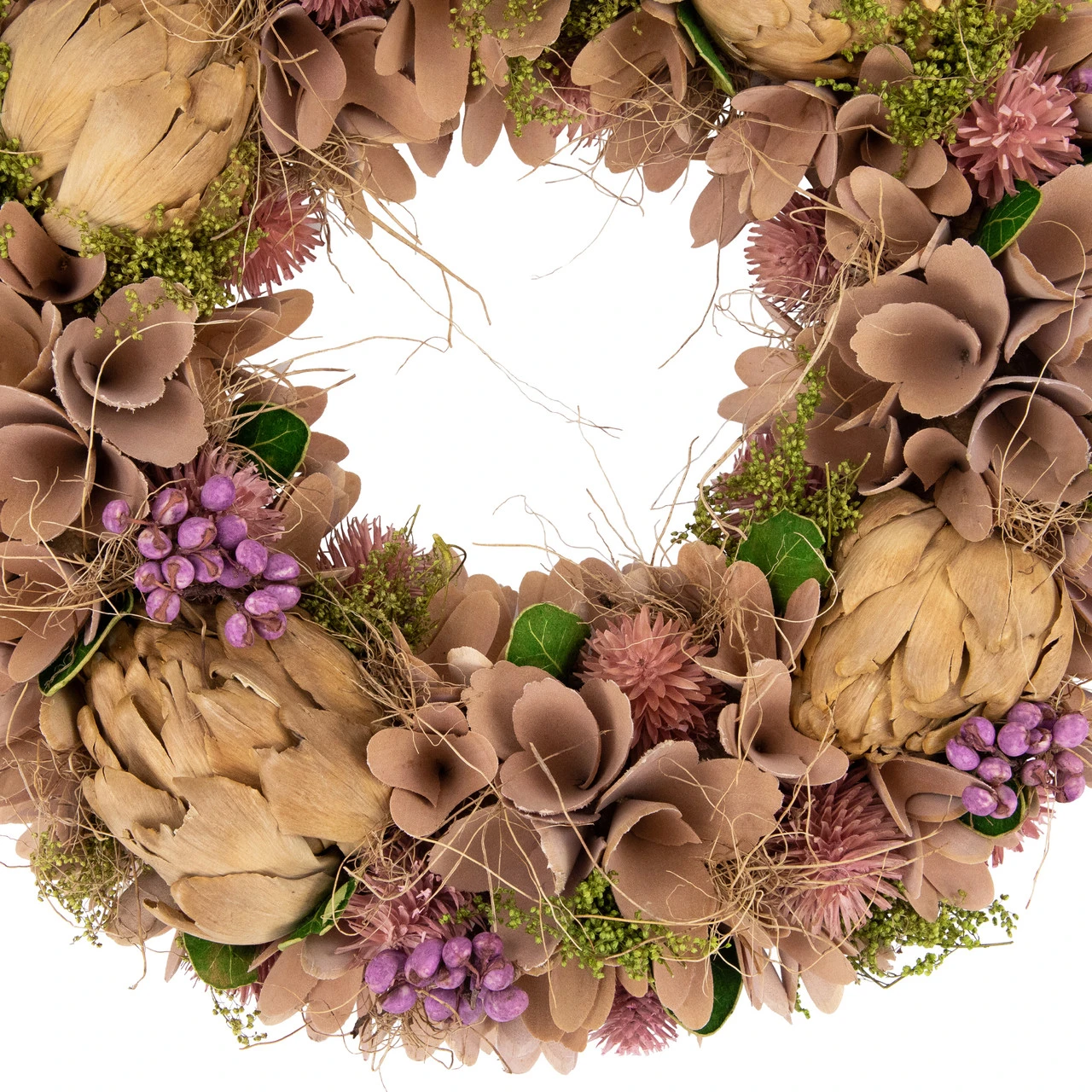 12" Purple And Beige Wooden Floral Spring Wreath With Preserved Artichoke 6 12" Purple And Beige Wooden Floral Spring Wreath With Preserved Artichoke - Image 4