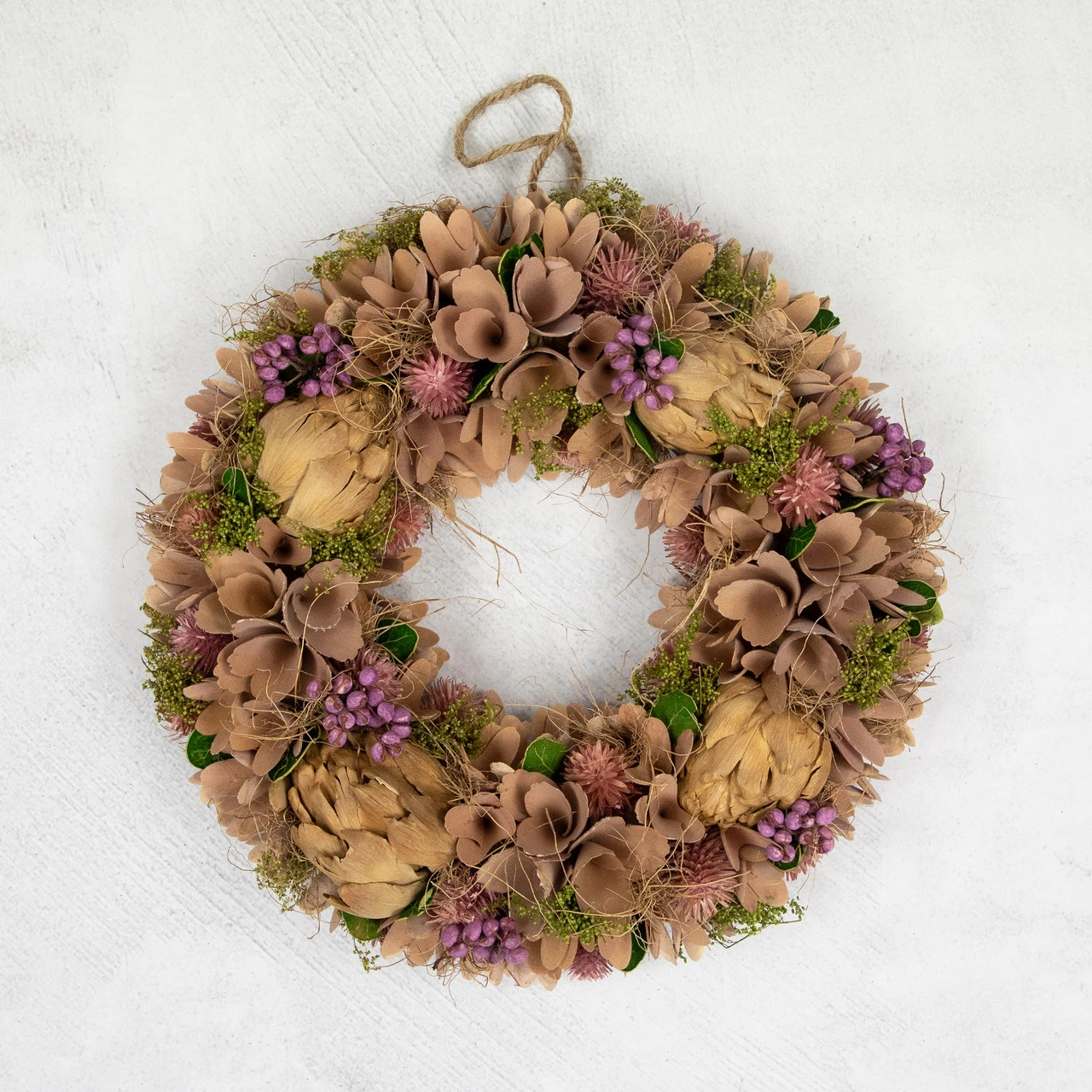 12" Purple And Beige Wooden Floral Spring Wreath With Preserved Artichoke 5 12" Purple And Beige Wooden Floral Spring Wreath With Preserved Artichoke - Image 3