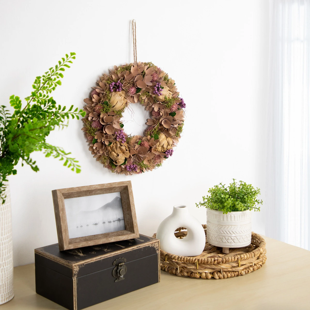 12" Purple And Beige Wooden Floral Spring Wreath With Preserved Artichoke 4 12" Purple And Beige Wooden Floral Spring Wreath With Preserved Artichoke - Image 2
