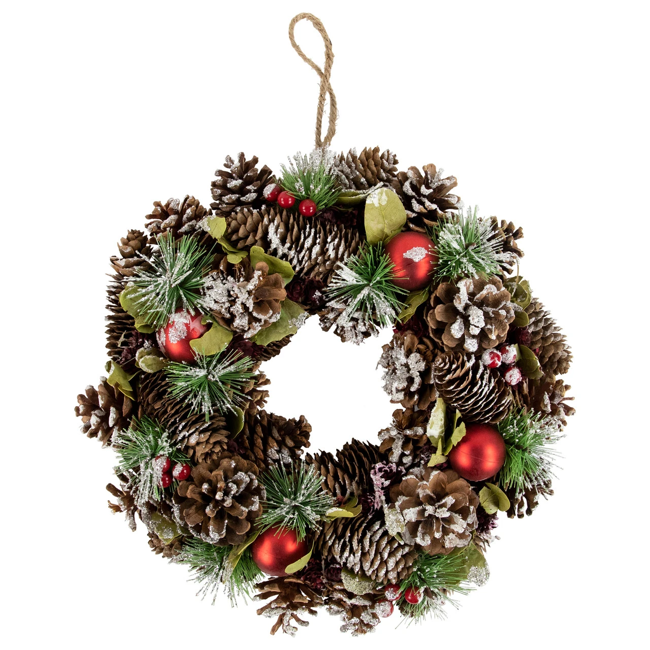 Red Ornament With Frosted Pinecone And Pine Needle Christmas Wreath, 13.5-Inch, Unlit 3 Red Ornament With Frosted Pinecone And Pine Needle Christmas Wreath, 13.5-Inch, Unlit