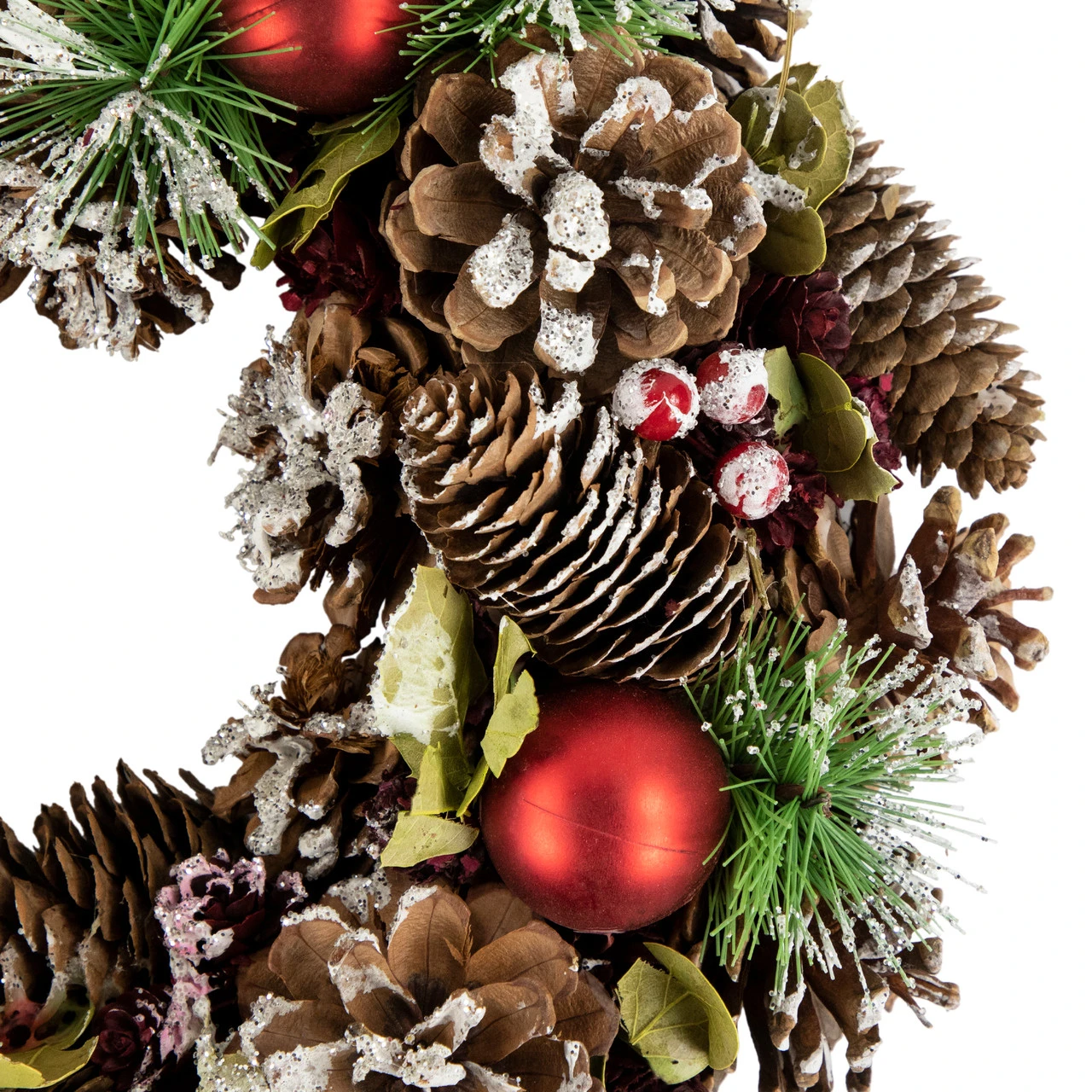 Red Ornament With Frosted Pinecone And Pine Needle Christmas Wreath, 13.5-Inch, Unlit 4 Red Ornament With Frosted Pinecone And Pine Needle Christmas Wreath, 13.5-Inch, Unlit - Image 2