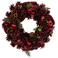 Red Pinecone, Berry And Ornament Christmas Wreath, 13.5-Inch, Unlit