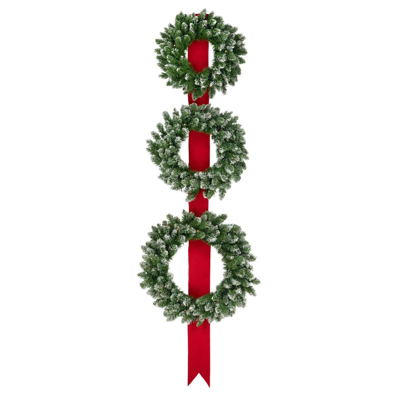 Set Of 3 Pre-Lit B/O Flocked Wreaths On Red Ribbon Christmas Decoration, 6.5' 3 Set Of 3 Pre-Lit B/O Flocked Wreaths On Red Ribbon Christmas Decoration, 6.5'