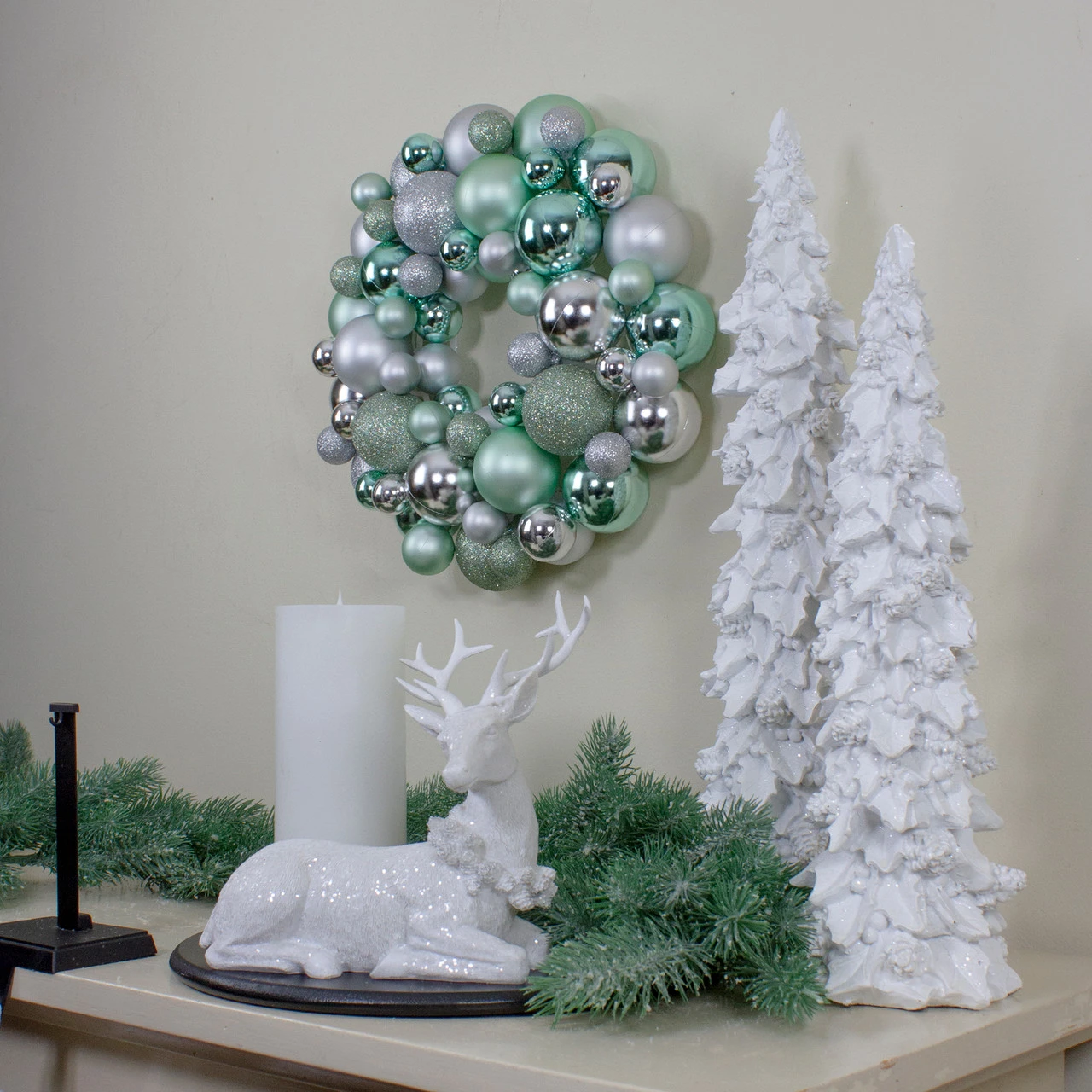 Silver And Seafoam Green 3-Finish Shatterproof Ball Christmas Wreath, 13-Inch 4 Silver And Seafoam Green 3-Finish Shatterproof Ball Christmas Wreath, 13-Inch - Image 2