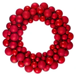 Red Hot 3-Finish Shatterproof Ball Christmas Wreath, 24-Inch