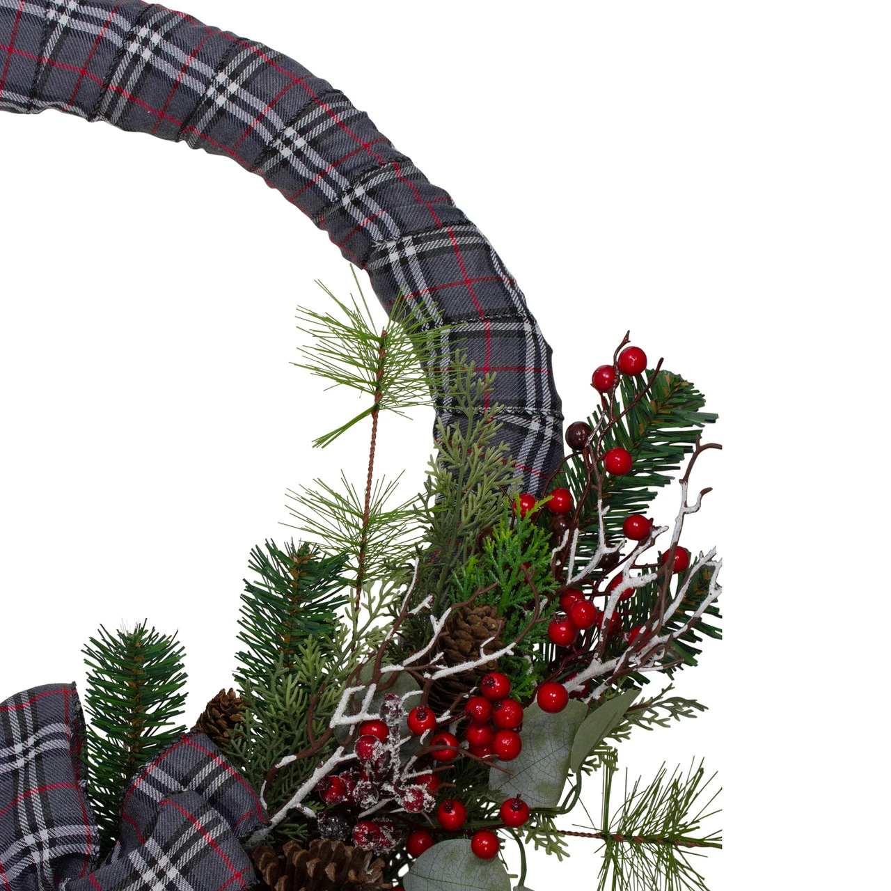 Gray And Red Plaid Artificial Christmas Wreath With Red Berries - 24-Inch, Unlit 5 Gray And Red Plaid Artificial Christmas Wreath With Red Berries - 24-Inch, Unlit - Image 3