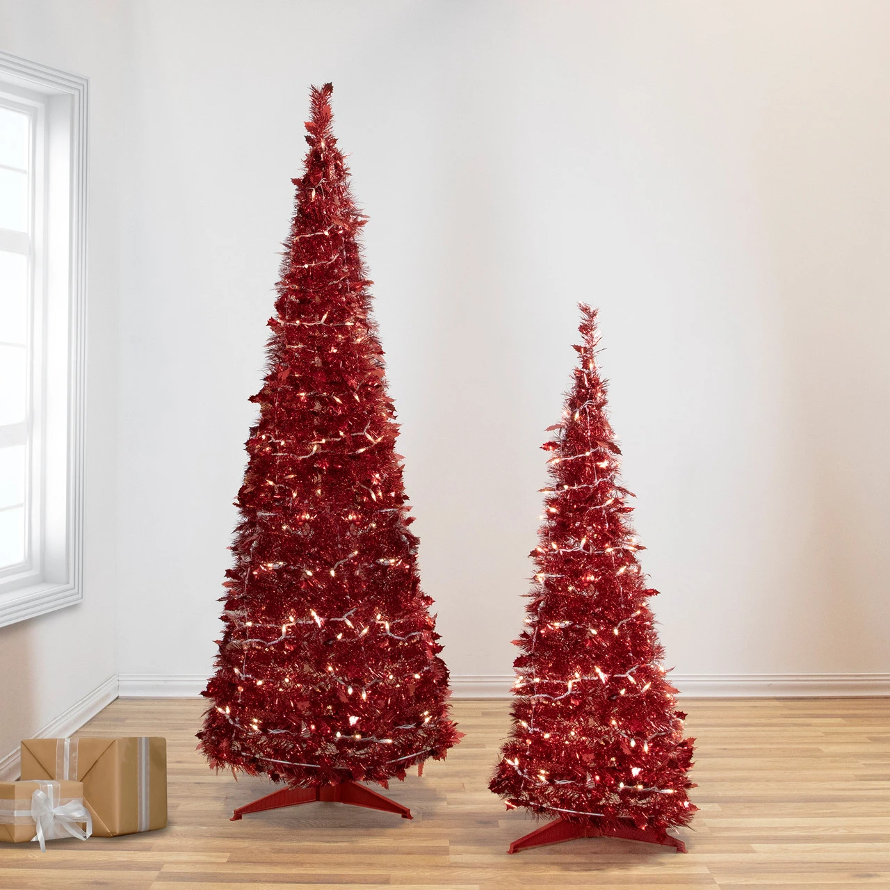 4' Pre-Lit Red Pop-Up Tinsel Christmas Tree, Clear Lights 4 4' Pre-Lit Red Pop-Up Tinsel Christmas Tree, Clear Lights - Image 2
