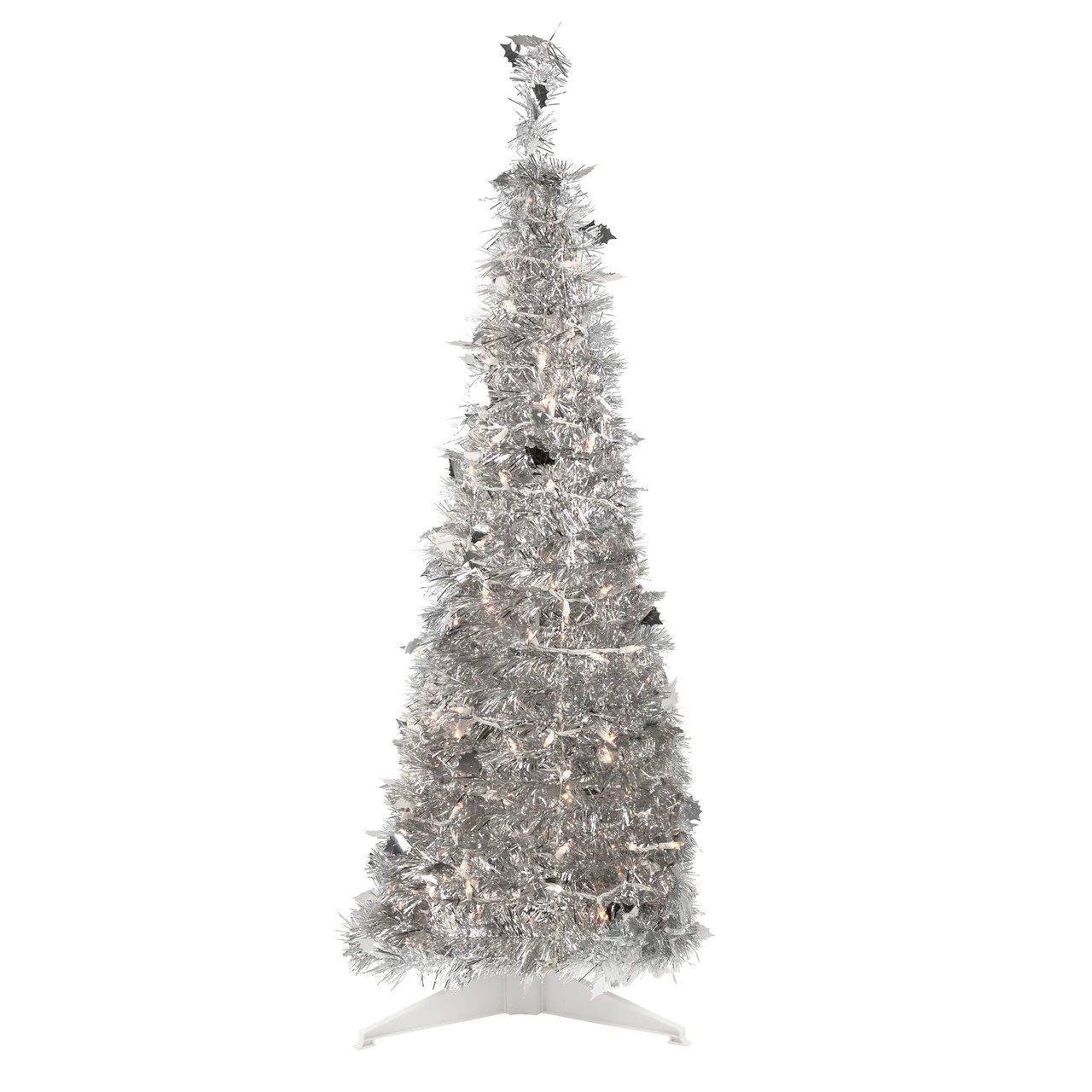 4' Pre-Lit Silver Tinsel Pop-Up Artificial Christmas Tree, Clear Lights 3 4' Pre-Lit Silver Tinsel Pop-Up Artificial Christmas Tree, Clear Lights