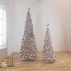 4' Pre-Lit Silver Tinsel Pop-Up Artificial Christmas Tree, Clear Lights 9 4' Pre-Lit Silver Tinsel Pop-Up Artificial Christmas Tree, Clear Lights -Optimal Christmas Shop northlight sm92156 style 17395.1667530293