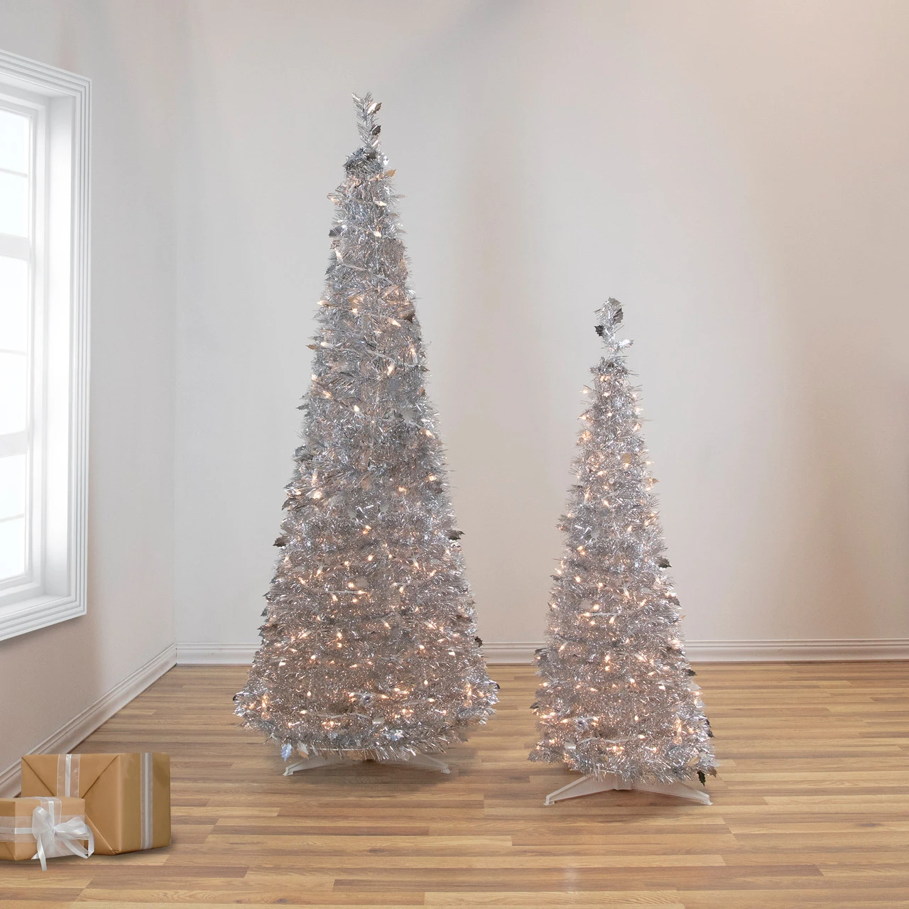 4' Pre-Lit Silver Tinsel Pop-Up Artificial Christmas Tree, Clear Lights 4 4' Pre-Lit Silver Tinsel Pop-Up Artificial Christmas Tree, Clear Lights - Image 2