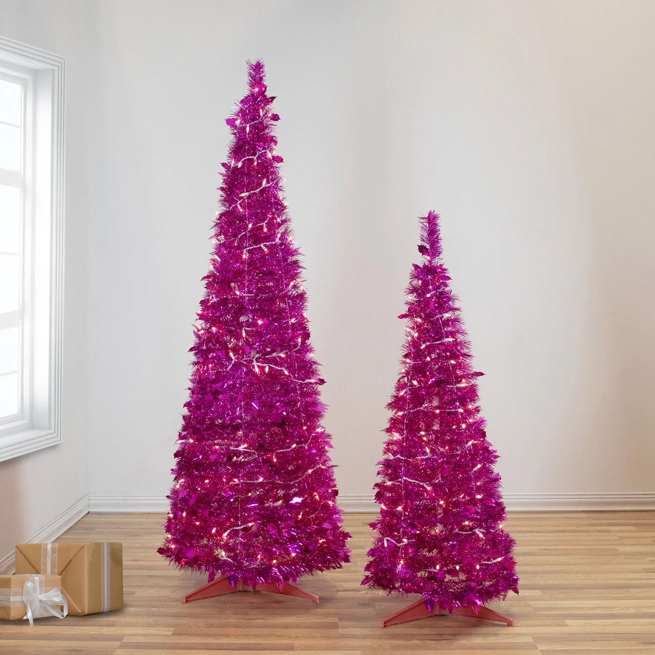 6' Pre-Lit Pink Tinsel Pop-Up Artificial Christmas Tree, Clear Lights 4 6' Pre-Lit Pink Tinsel Pop-Up Artificial Christmas Tree, Clear Lights - Image 2