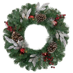 24" Pre-Lit Decorated Frosted Pine Cone And Berries Artificial Christmas Wreath
