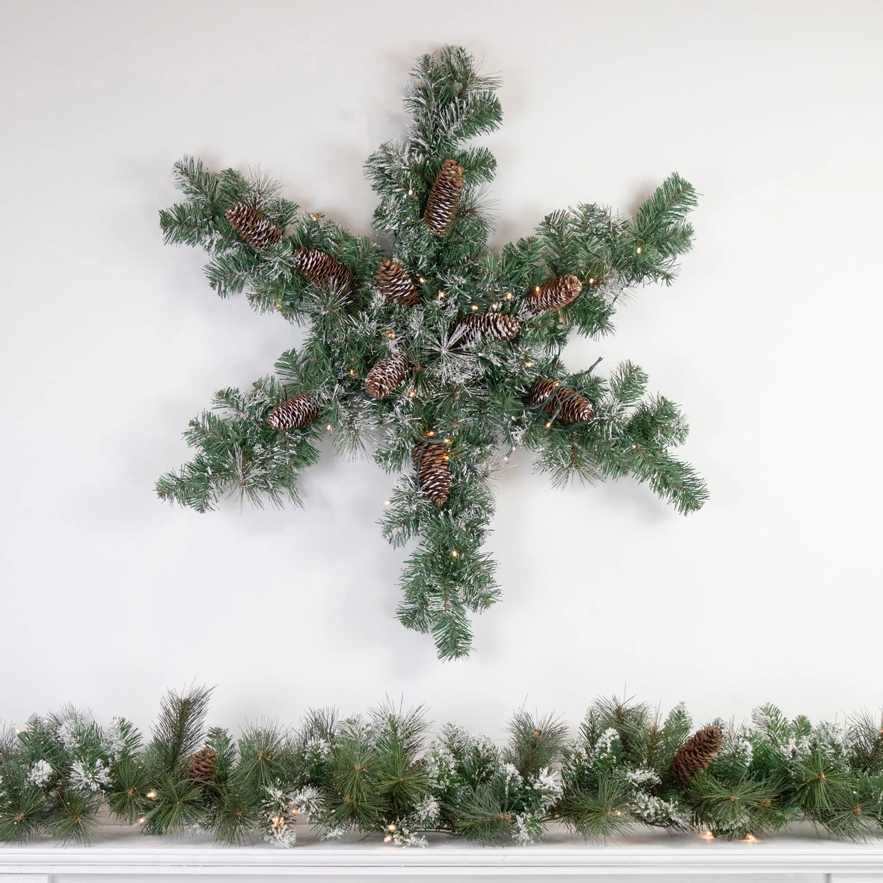 32" Pre-Lit Artificial Frosted Mixed Pine Christmas Snowflake Wreath 4 32" Pre-Lit Artificial Frosted Mixed Pine Christmas Snowflake Wreath - Image 2
