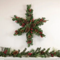32" Pre-Lit Artificial Mixed Pine And Berries Christmas Snowflake Wreath 7 32" Pre-Lit Artificial Mixed Pine And Berries Christmas Snowflake Wreath -Optimal Christmas Shop northlight sm93372 style 59765.1667530103
