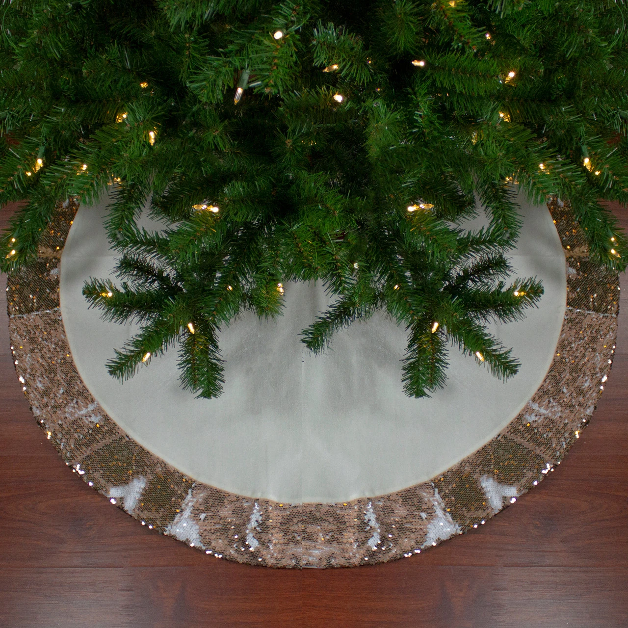 48" Rose Gold And White Reversible Sequin Trim Christmas Tree Skirt 3 48" Rose Gold And White Reversible Sequin Trim Christmas Tree Skirt