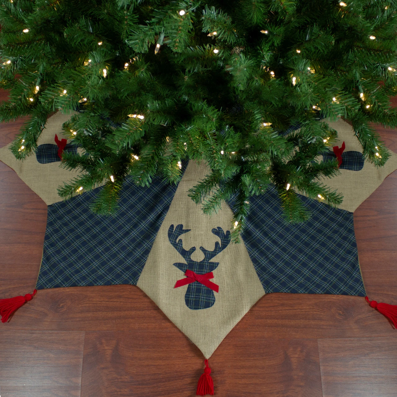 48" Blue And Brown Burlap And Plaid Reindeer Christmas Tree Skirt With Tassels 3 48" Blue And Brown Burlap And Plaid Reindeer Christmas Tree Skirt With Tassels