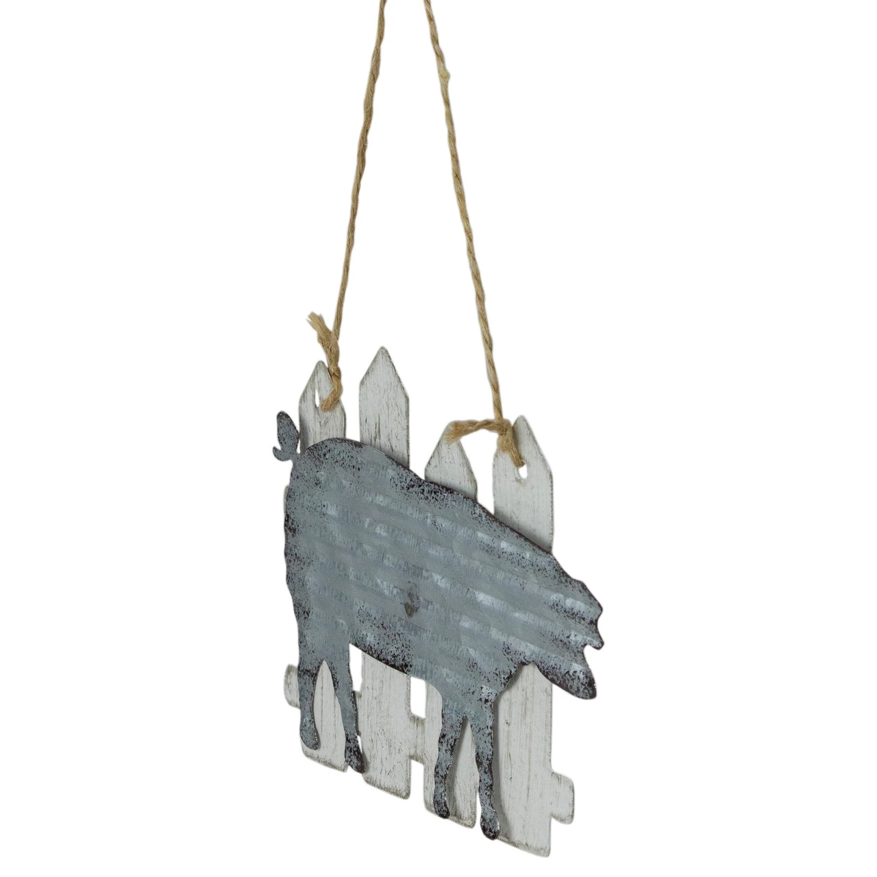 7" Country Rustic Pig And White Picket Fence Christmas Ornament 4 7" Country Rustic Pig And White Picket Fence Christmas Ornament - Image 2