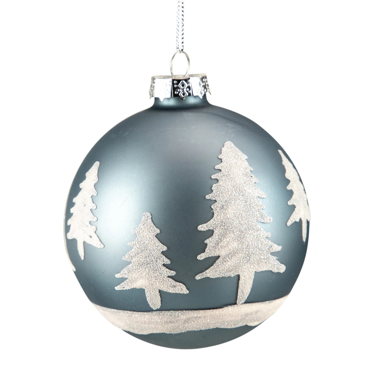 4" Slate Blue With Glittered Trees Glass Ball Christmas Ornament 5 4" Slate Blue With Glittered Trees Glass Ball Christmas Ornament - Image 3